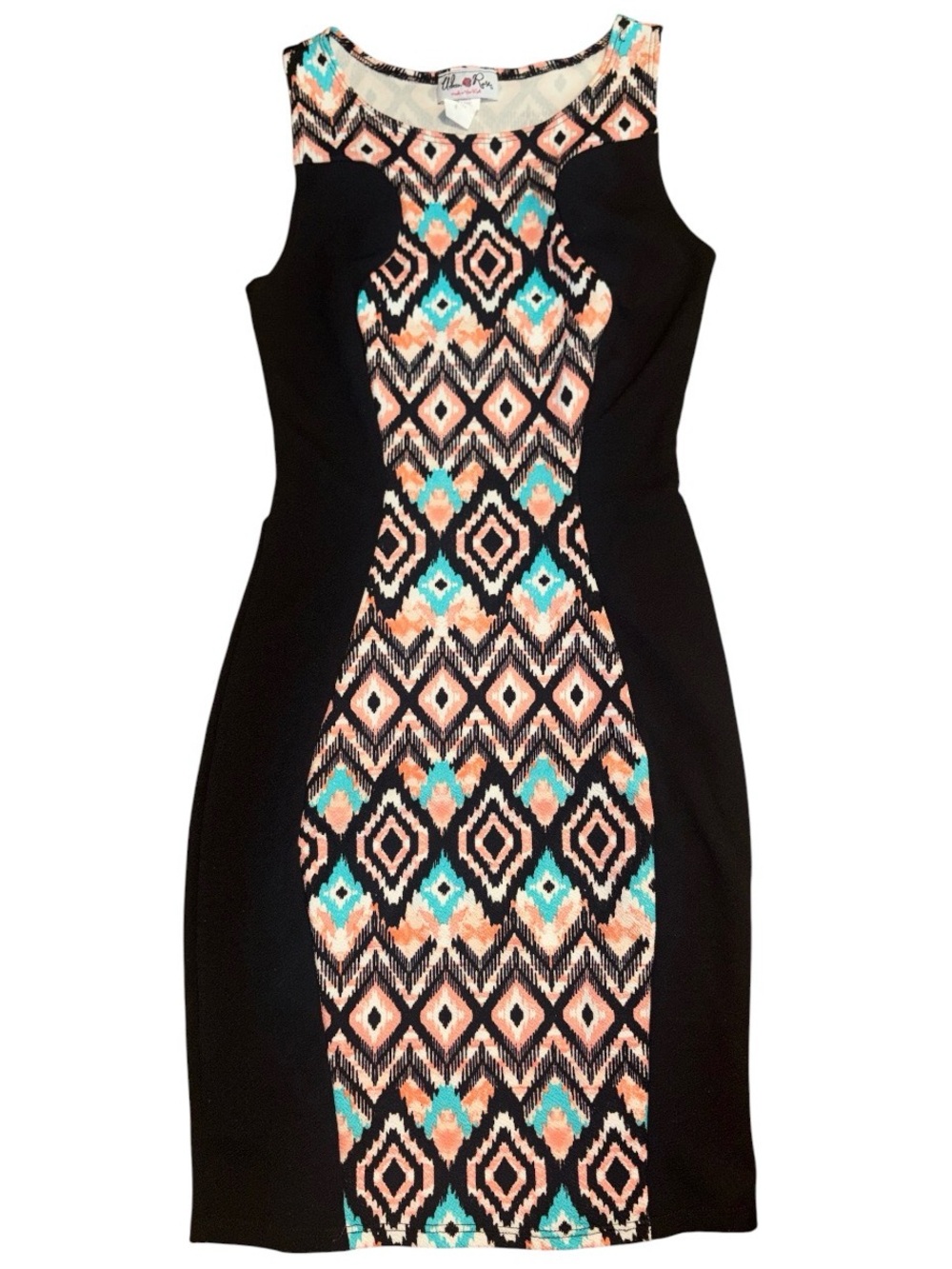 Urban Rose Sleeveless Black Pencil Dress with Peach & Teal SouthWest Print